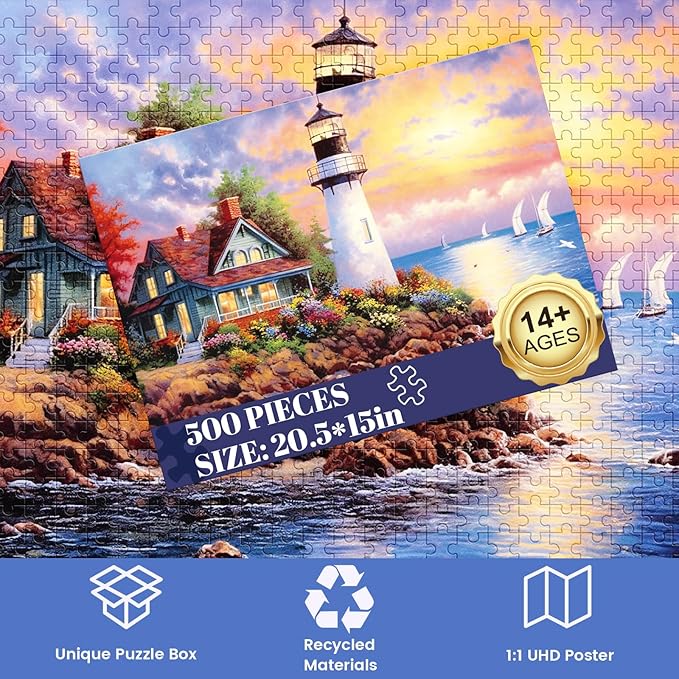 500 Piece Puzzle for Adults-Lighthouse | Recycled Cardboar Jigsaw Puzzles 500 Pieces | Challenging Family Activity Great Gift Idea for Family Friends | Difficult Puzzles Size 20.5X 15 inches