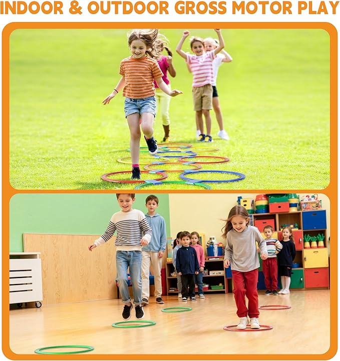 Hopscotch Rings, 1-Set – 10 Round Hoops (11-inch) + 15 Connectors, Agility Rings for Kids, Builds Gross Motor Skills, Preschool & Kindergarten PE, Indoor/Outdoor Playground Obstacle Course