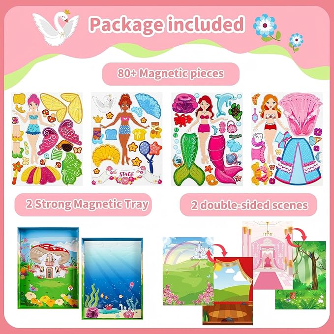 Magnetic Dress Up Dolls for Girls,Princess Mermaid Fairy Ballerina Magnet Dolls Dress Up Kits,Car Road Trip Airplane Activity Travel Games Toys Birthday Gift for Girls Ages 3 4 5 6 7