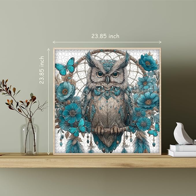 Owl Puzzles Adults 1000 Pieces, PICKFORU Owl Dreamcatcher Jigsaw Puzzle Floral Art Puzzles, Blue Butterfly Flower Animal Puzzle Adults Challenge