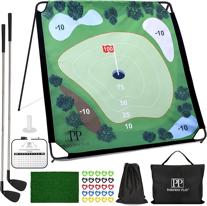 Sticky Golf Chipping Game Set - 6x6 ft Metal Frame with 2 Adjustable Clubs, 25 Sticky Balls, Turf Chipping Mat & Scoreboard - Backyard Golf Target Game for All Ages for Indoor/Outdoor Practice
