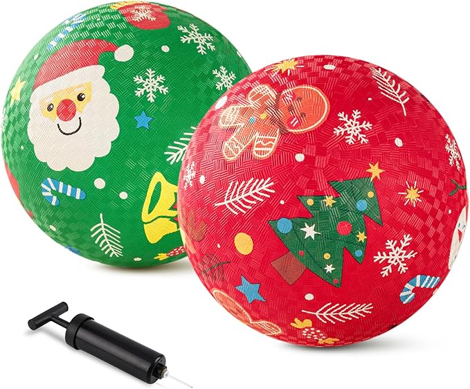 ZOOJOY Pack of 2 Cartoon Playground Balls, Christmas Toys Balls for Toddler 1-3, 8.5" Rubber Ball Bouncy Kickball, Indoor & Outdoor Game, for Boys Girls 2-4 with Pump