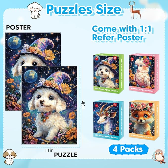 4 Packs 100 Piece Puzzles for Kids Ages 4-6, Jigsaw Puzzles for Kids Ages 6-8 8-10 Adorable Animals Puzzles 100 Pieces for Senior Search and Find Learning Educational Toys for Boys and Girls