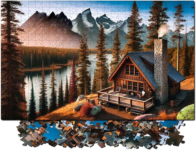 Jigsaw Puzzles for Adults 500 Pieces - Colorful with Large Poster - Letters on Back - AI Art - Rompecabezas para Adultos - Gifts for Adult Couples Teens (Cozy Mountain Cabin)