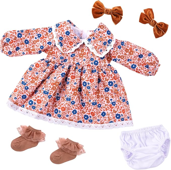 BABESIDE 5 Pcs Reborn Baby Doll Clothes Set for 17-22 Inch Dolls, Cute Floral Doll Dress with Bow Hair Clips Socks and Diaper Reusable for Reborn Baby Dolls Accessories