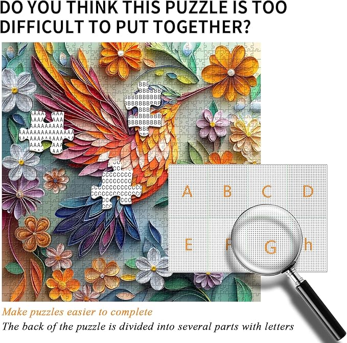 Hummingbird 1000 Piece Puzzle for Adults, PICKFORU Bird Flower Jigsaw Puzzle 1000 Pieces, Quilling Paper Cut Art Puzzles, Challenging Floral Garden Puzzle as Wall Decor