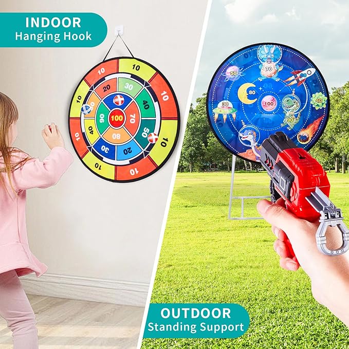 Double-Sided Dart Board Garden Game for Kids, 29 Inch Dartboard Standing & Hanging Shooting Toy Set with 2 Toy Guns, Indoor Outdoor Garden Carnival Party Game Fun for 3 4 5 6 7 8+ Year Old Boys Girls