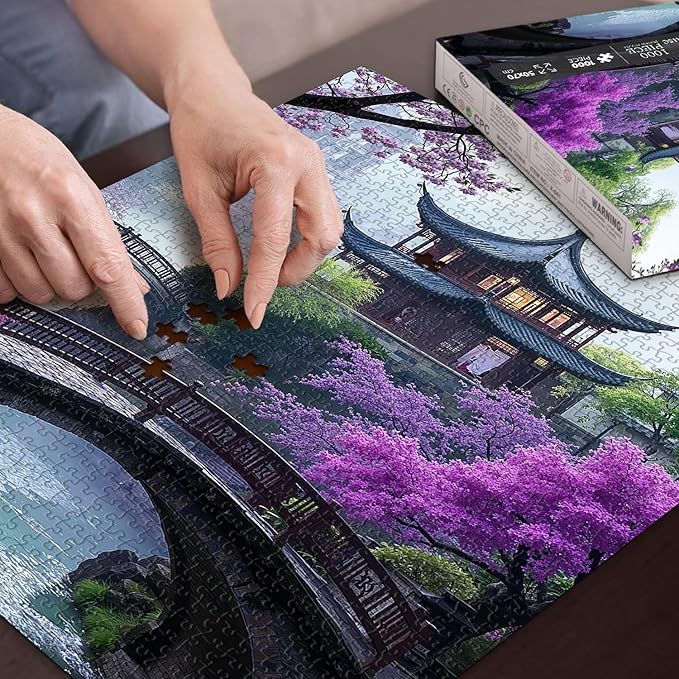 PICKFORU Plum Blossom Dreamscape Puzzles for Adults 1000 Pieces, Vintage Flower Tree Scenery Puzzles, Impossible Unique Lake Park Theme as Home Decor