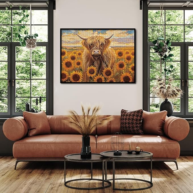 Beautiful Sunflower Highland Cow Jigsaw Puzzle 1000 Piece for Adult, Nature Animal Flower Painting Jigsaw Puzzles, Funny Art Plant Scenic Puzzle