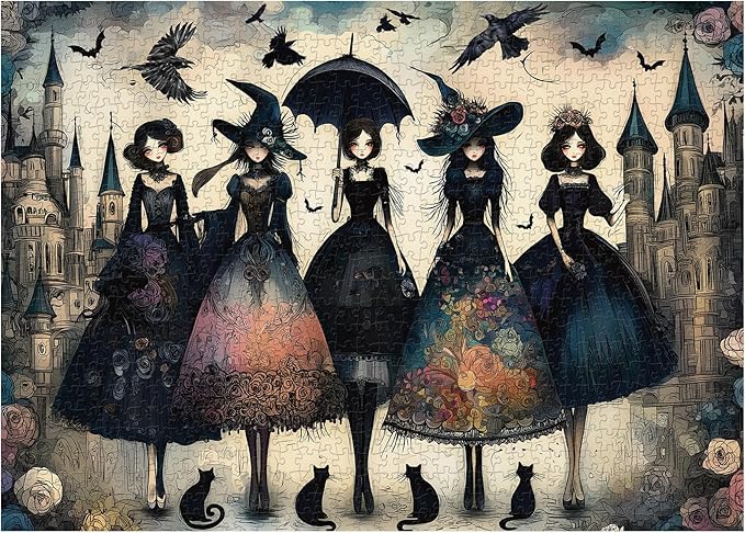 Raven Night Jigsaw Puzzle 1000 Pieces, Hard Puzzles for Adults Gothic Woman, Vintage Art Hard Impossible Puzzle as Scary Halloween Decor