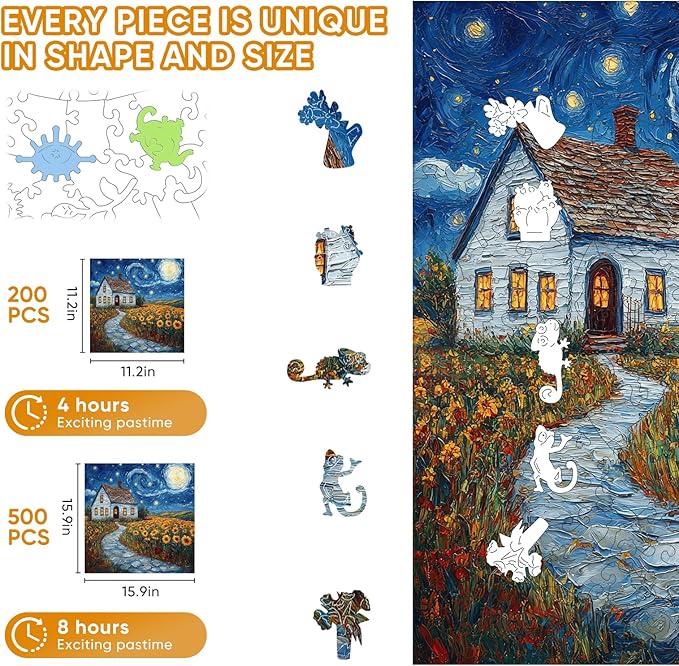 Pikoqunc Sunflower Village Wooden Puzzles for Adults,500 Pieces 15.9x15.9 in,Charming Countryside Jigsaw Puzzle with Unique Laser-Cut Pieces and Exquisite Box, for Family Fun and Festival