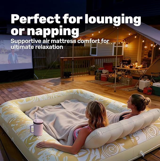 SLOOSH Inflatable Tanning Pool Lounger Float, 85" x 57" Extra Large Pool Floats Adult with Pillow, 4 in 1 Suntan Tub Raft Floatie,Sunbathing Bed Lounge for Water Blow Up Ball Pit, XL-Golden White