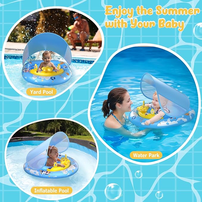 WayEee Baby Pool Float with UPF50+ Canopy - Inflatable Swim Float, Adjustable Safety Seat, Toy Play Console, Sun Protection for Baby 6-36 Months, Infant, Todder Summer Gift, Pool, Bathtub, Beach