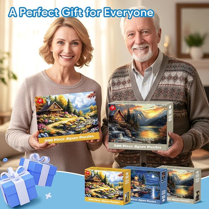 3 Pack Puzzles for Adults 500 Pieces, Canoe Lake and Night View Jigsaw Puzzles 500 Pieces for Teens Seniors, Challenging Cabin Sunset Puzzle for Game Night, for Outdoor Nature Lovers