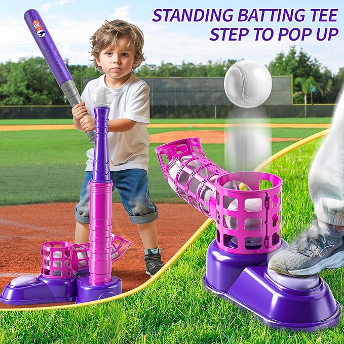 2 in 1 T Ball Sets for Kids 3-5,Tee Ball Set with 10 Balls,Step on Pitching Machine,Teeball Batting Tee,Baseball Toys Outdoor/Indoor Sport Toys Gift for 3 4 5 6 7 8 Year Old Kids Girls