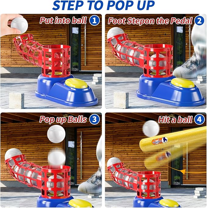 2 in 1 T Ball Sets for Kids 3-5,Tee Ball Set with 10 Balls,Step on Pitching Machine,Teeball Batting Tee,Baseball Toys Outdoor/Indoor Sport Toys Gift for 3 4 5 6 7 8 Year Old Kids Boys Girls