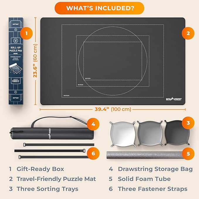 Newverest Jigsaw Puzzle Mat Roll Up, Saver Pad 39.4” x 23.6” Portable Keeper Up to 1000 Pieces with Non-Slip Rubber Bottom and Polyester Top + 3 Puzzle Sorting Trays, Travel-Friendly Storage Bag