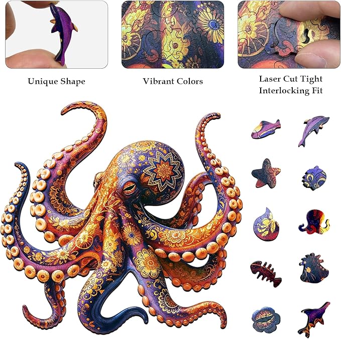 Wooden Jigsaw Puzzles for Adults and Kids, Octopus 200 Piece Unique Shaped Puzzle, Family Game and Creative Wooden Puzzle Gift, Wall Art Decor