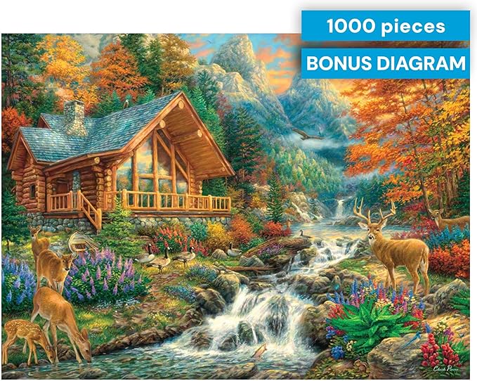 Buffalo Games - Alpine Serenity - Chuck Pinson - 1000 Piece Autumn Jigsaw Puzzle for Adults - Fall Mountain Cabin Scene - Challenging Puzzle for Game Nights - Finished Size 26.75 x 19.75 - Made in USA