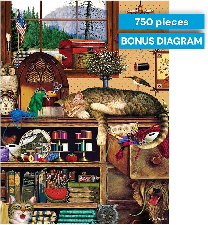 Buffalo Games – Charles Wysocki Yarn Duty 750 Piece Jigsaw Puzzle for Adults, Cozy Cat Americana Artwork, Made in USA