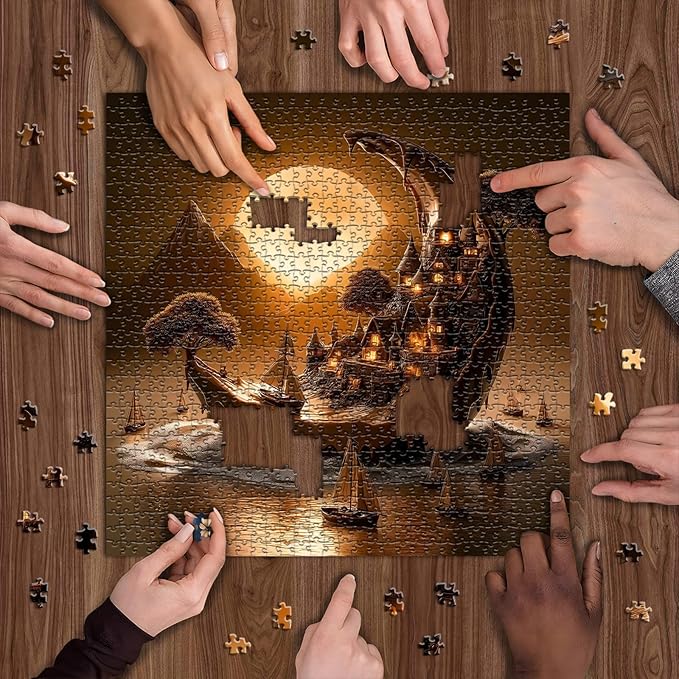 Fantasy Landscape Puzzle for Adults 1000 Pieces, PICKFORU Moonlit Haven Moon Village Puzzles，Nature Scenery with Boats Lanterns, Night Scene Jigsaw Puzzles Scenic