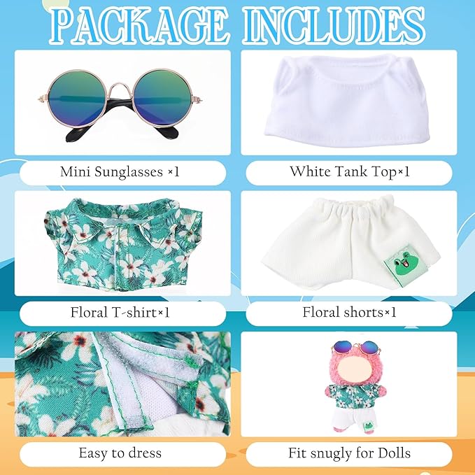 Simgoing 4 Pcs 17cm Dolls Hawaii Outfit Set Summer Floral Shirt Shorts White Vest and Mini Sunglasses Vacation Style Doll Clothes with Accessories Beach Apparel for 17cm Dolls(Gardenias Style)