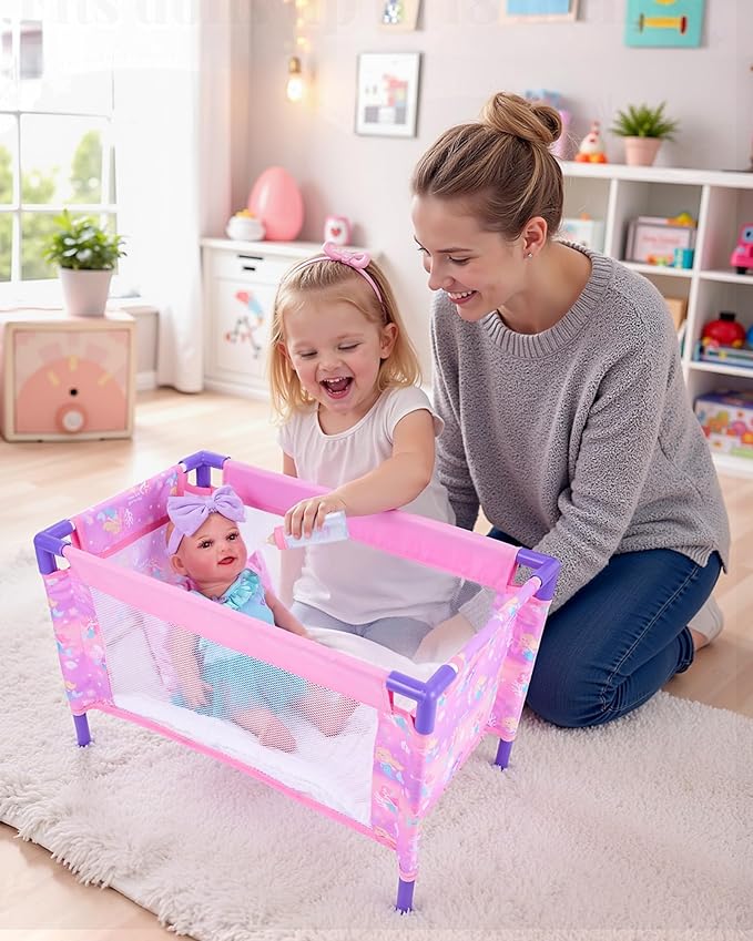 BABESIDE Baby Doll Crib Playset with Bedding & Accessories, Portable Baby Doll Crib for 18 Inch Dolls, Pretend Play Gift for Girls