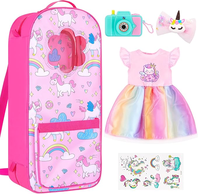 18 Inch Doll Storage Bag - 5PCS Unicorn Theme 18In Doll Accessories Set with Rainbow Dress, Hair Clip, Camera, Stickers & Fashion 18 Inch Dolls Carrier Bag | Perfect for 18" Dolls