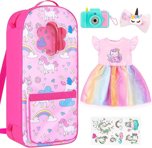 18 Inch Doll Storage Bag - 5PCS Unicorn Theme 18In Doll Accessories Set with Rainbow Dress, Hair Clip, Camera, Stickers & Fashion 18 Inch Dolls Carrier Bag | Perfect for 18" Dolls