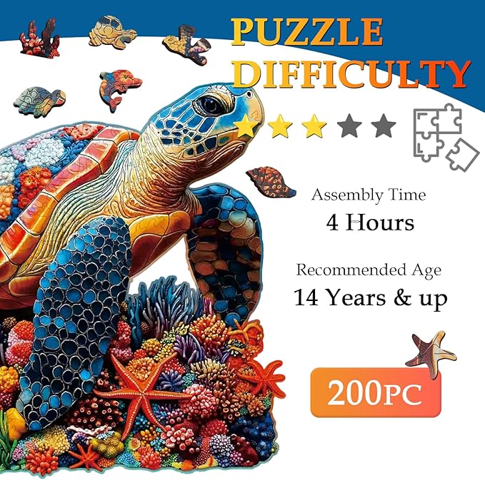Wooden Jigsaw Puzzles for Adults and Kids, Sea Turtle 200 Piece Unique Shaped Puzzle, Family Game and Creative Wooden Puzzle Gift, Wall Art Decor