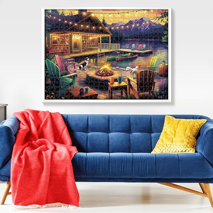 500 Pieces Dog Puzzles for Adults, Evening Bonfire Puzzle for Adults Seniors, Retro Style Puzzle 500 Pieces, Gift for Birthday, Home Decor, Fun for Family Entertainment(20.5 * 15 in)