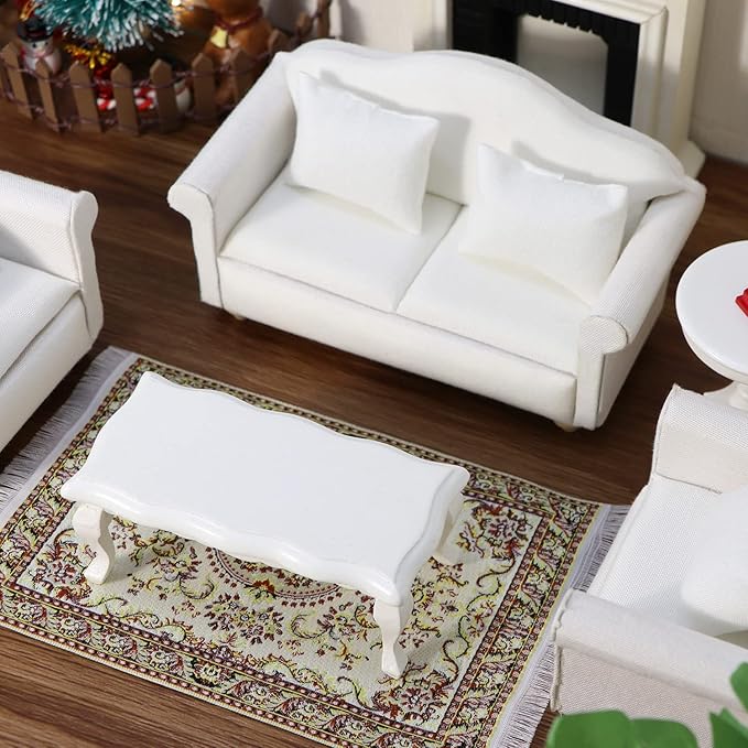 Dollhouse Couch Miniature Furniture Sofa with Pillows for Living Room Desktop Decoration Fabric Sofa Mini Home Scene Accessories Ornament (Sofa Set, White)