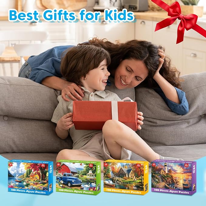 100 Piece Puzzles - 4 Themed Landscapes Large Piece Puzzles for Senior Adults Kids Puzzle Ages 5-8 Jigsaw Puzzle for Kids Ages 4-6 6-8 8-10 Year Old Educational Toys for Girls Boys 4-Pack