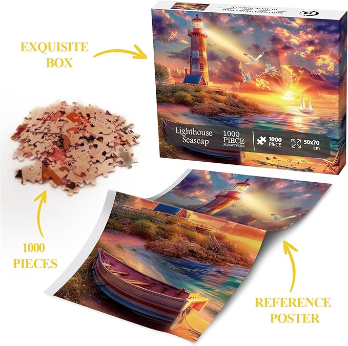 Beach Ocean Lighthouse Puzzle for Adults 1000 Pieces Nature, Summer Sunset Landscape Jigsaw Puzzle, Sailboat Scenery Puzzle