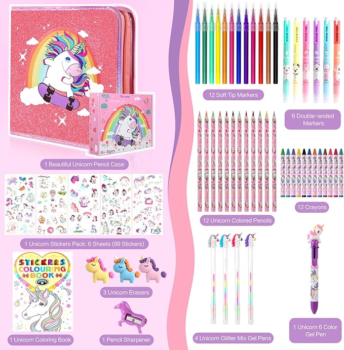 CozyJoyz Unicorn Washable Marker Set, 59 Pcs Arts and Crafts Coloring Set for Kids, Drawing Art Supplies Birthday Gifts for Girls Toys 4-9 Year Old (Pink)