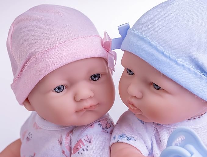 Berenguer Boutique Realistic La Newborn 12.5" Washable Vinyl Twins | Blue and Pink Themed Gift Set with Reusable Diaper, Caps, Shirts, Pacifier, Bottles and Birth Certificate - JC Toys