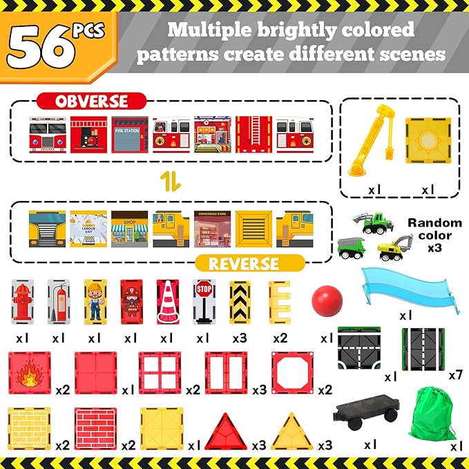 Magnetic Tiles for Kids, 56PCS Construction Magnet Tiles with Fire Truck & Station, Building, Road, Crane, and Car Truck - STEM Magnetic Blocks for Kids Ages 4-8, Toys for 4+ Year Old Boys Gifts