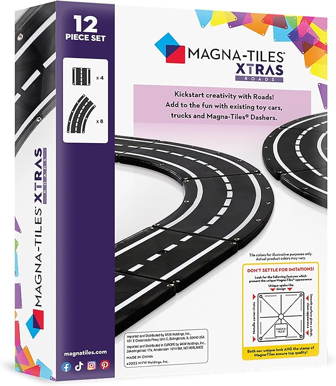 MAGNA-TILES XTRAS: Roads 12 Piece Magnetic Construction Set, The ORIGINAL Magnetic Building Brand