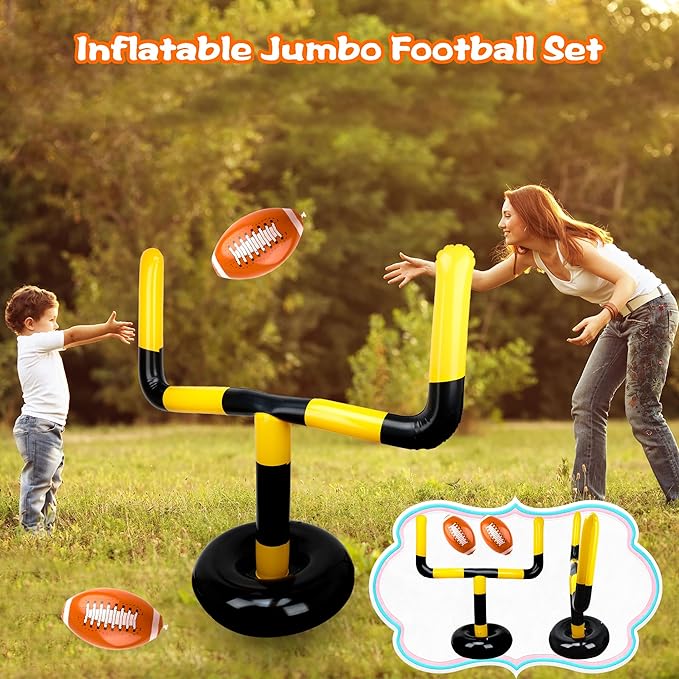 4 Pcs 63 Inch Inflatable Jumbo Football Set Include 1 Pcs Football Goal Post and 3 Pcs Football Balls for Football Party Game Water Playing Outdoor Sport Toys