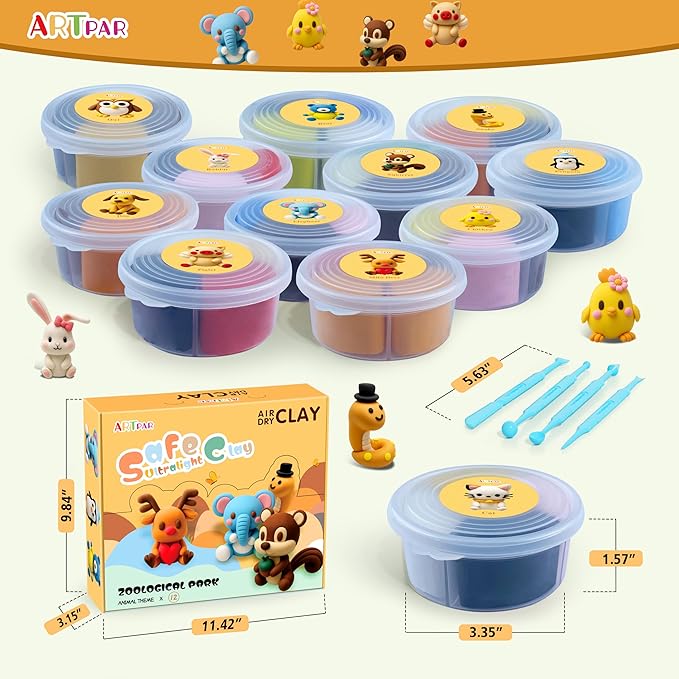 Air Dry Clay Kit for Kids-12 Animals Modeling Magic Clay,DIY Art Crafts Molding Clay Set,Ultra Light & Soft, Safe & Non-Stick with Sculpting Tools & Tutorials, Unique Gifts for Boys & Girls