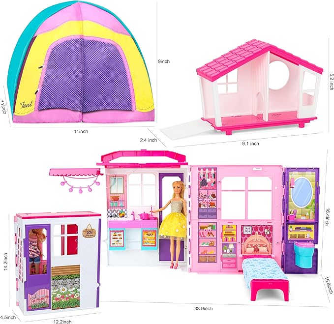 Style Shine Doll House Portable & Foldable Dollhouse w/ 60+ Pcs & 2 Dolls, Play House Toy with Bedroom Kitchen Pet House Camping Playset, Playhouse Birthday Gift for Girl Kid Toddler