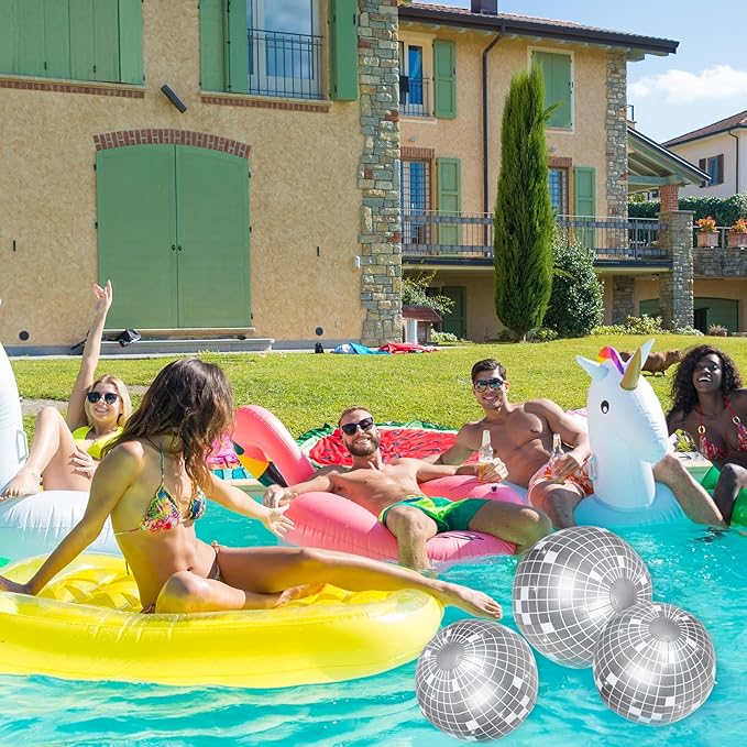 Whaline 5Pcs Inflatable Disco Beach Ball 24 & 16 Inch Round Pool PVC Balls Disco Theme Party Decoration for Indoor Outdoor Summer Beach Sports Theme Party Decor (Silver)