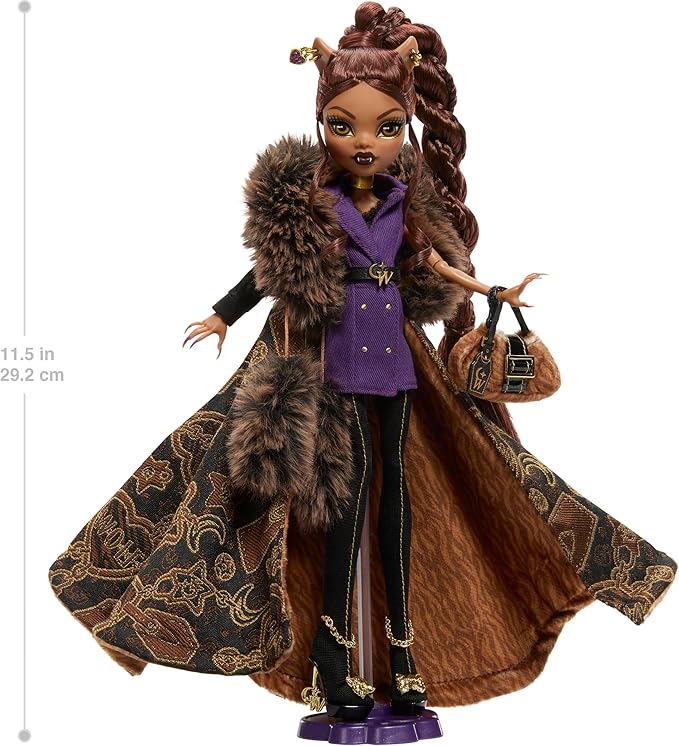 Monster High Doll, Clawdeen Wolf House of Wolf Collectible with Faux Fur Jacquard Coat, Purple Blazer Dress, Pantaboots and Golden Accessories