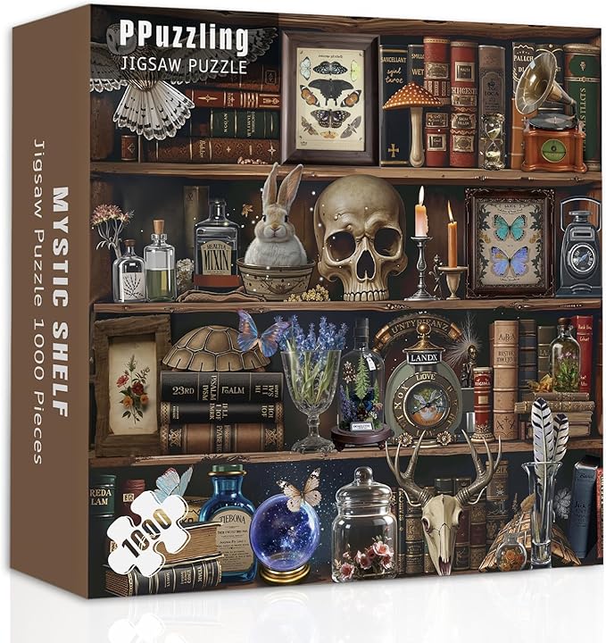 Bookshelf Puzzles for Adults 1000 Pieces, Vintage Gothic Library Jigsaw Puzzle, Magic Skulls, Books, Candles and Butterflies Puzzle