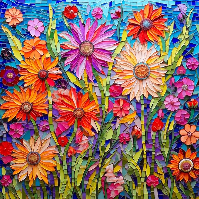 Bgraamiens-Mosaic Art Flowers-1000 Pieces Puzzle for Adults, Stained Glass Jigsaw with Flowers, Impossible Puzzle Color Challenge Hard Puzzles for Adults