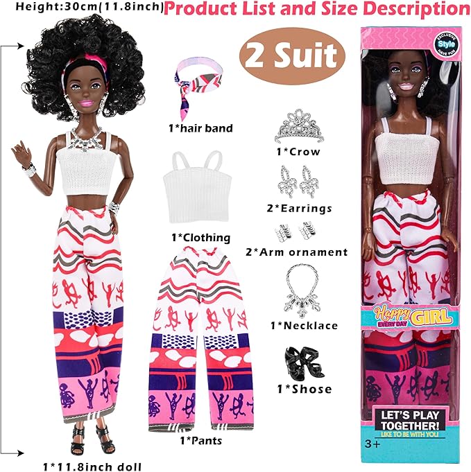 dollbie 6 Pack African American Fashion Dolls Set with Mix & Match Outfits – 11.5" Posable Black Dolls & 5 Accessories Each (Crown, Necklace, Headscarf & More) + Pink Gift Case
