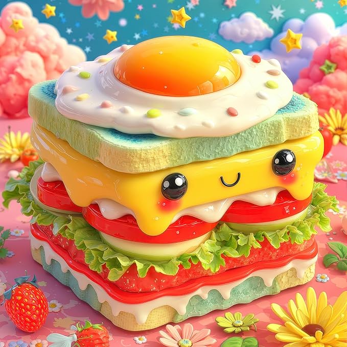Cute Kawaii Sandwich 1000 Piece Jigsaw Puzzle for Adults - Whimsical Food Art with Smiling Egg & Strawberries, Poster & Lettered Back, 22.8" Square HD Quality, Unique Gift for Food & Kawaii Lovers