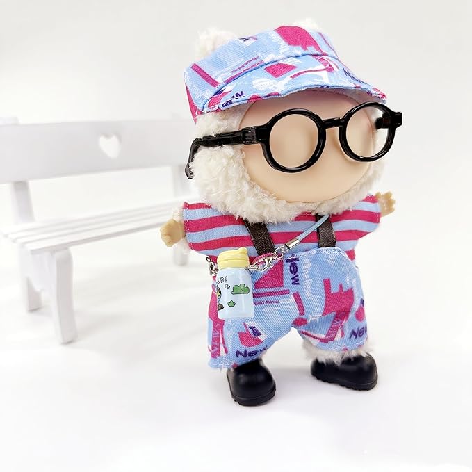15-17cm Fashion Doll Clothes, Cool Overalls 6Pcs Doll Outfits and Accessories for Dress Up/Collectors (Hat + Top + Pants + Water Bottle + Glasses + Shoes)(No Dolls)