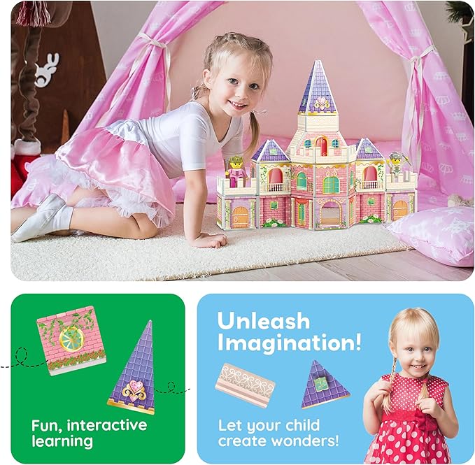 PicassoTiles 60pc Magnetic Tile Princess Castle Building Set with Double Sided Printed Tiles 2 Character Figures STEM Educational Toy Kit for Kids Pretend Play Montessori Learning Ages 3 to 8 PTQ04