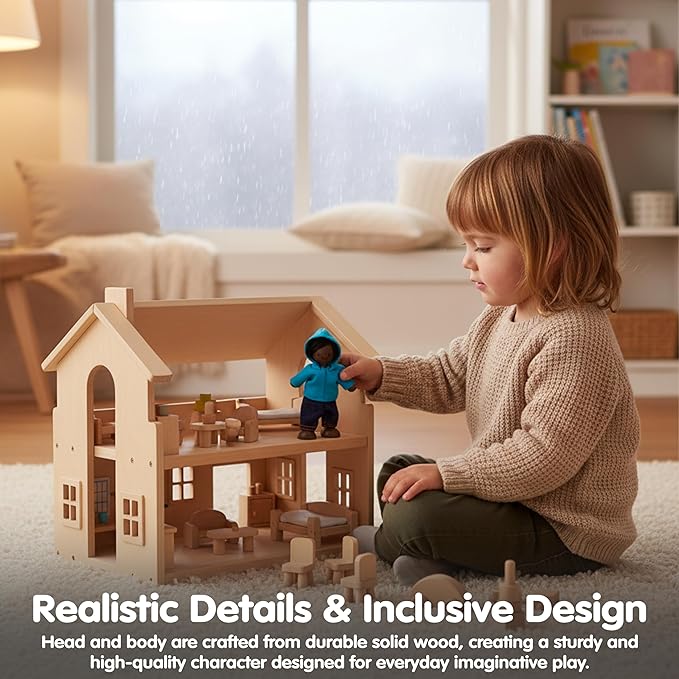 PlanToys® Boy Wooden Dollhouse Figurine | Poseable 1:12 Scale Mini Doll (4 Inch) | Dollhouse Accessories for Pretend Play | Eco-Friendly Montessori Toy for Kids Ages 3+